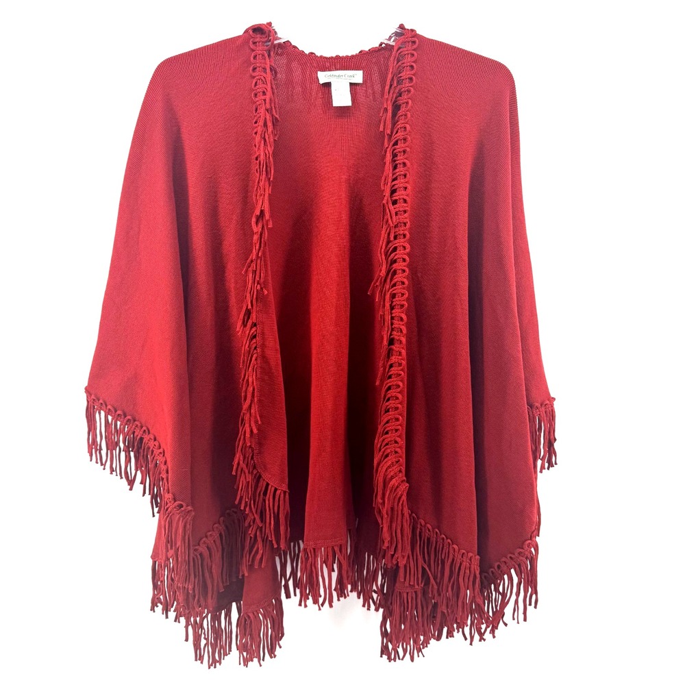 Coldwater Creek Poncho Womens OS Red Fringe Macrame Trim Open Front Knit Wrap